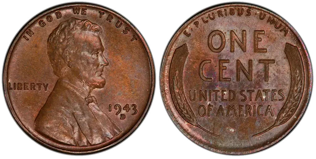 A picture of the 1943 bronze penny that reveals a reddish-brown tone, unlike the typical silver-gray steel cent.
