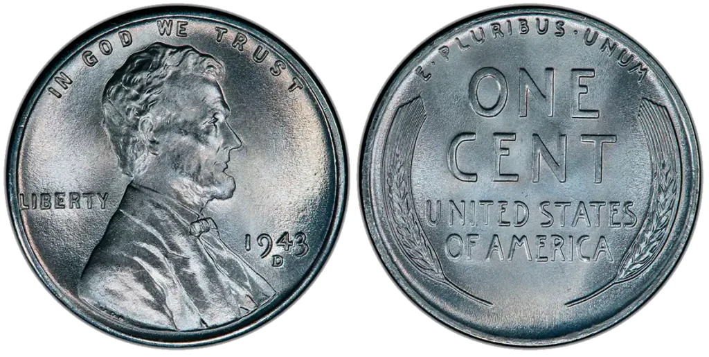 A picture of the 1943-D penny highlighting its small “D” mintmark beneath the date and the fine detail preserved in higher-grade examples.