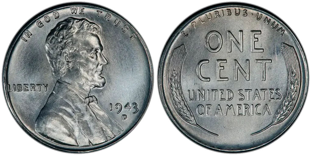 A picture of the 1943-D/D penny that shows a clearly doubled “D” beneath the date.