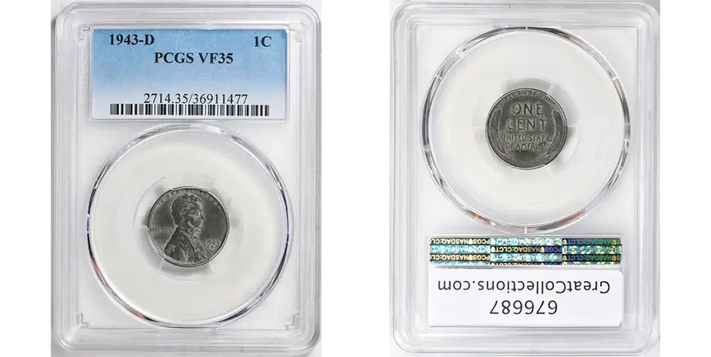 A picture of a 1943 steel penny graded VF-35, showing moderate wear on Lincoln’s portrait and slight smoothing of the wheat stalk details on the reverse.
